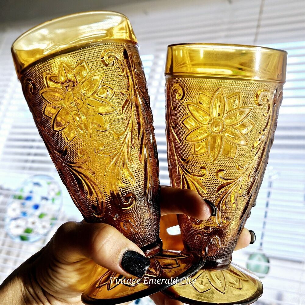 Vtg Indiana Sandwich Tiara Honey Amber Water Juice Glass Goblet Set Of 2 READ